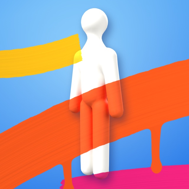A white figure standing in front of a sky-blue background, half hidden by orange, yellow and magenta brushstrokes.